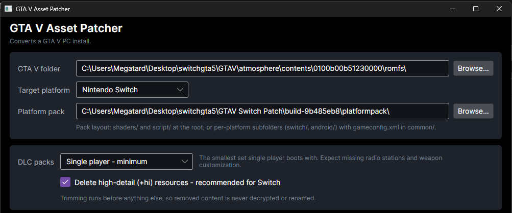 GTA V Asset Patcher window with the GTA V folder, target platform set to Nintendo Switch, platform pack path, and DLC packs set to Single player - minimum with Delete high-detail resources checked.