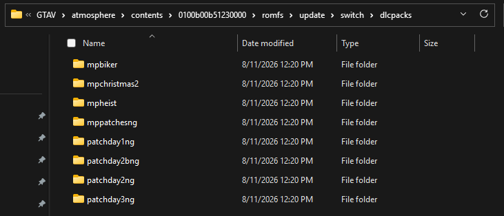 dlcpacks folder on the SD card containing exactly the 8 required folders: mpbiker, mpchristmas2, mpheist, mppatchesng, patchday1ng, patchday2bng, patchday2ng, patchday3ng.