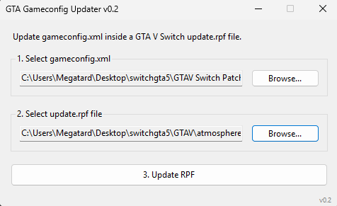 GTA Gameconfig Updater v0.2 with a gameconfig.xml and an update.rpf file selected, and an Update RPF button.