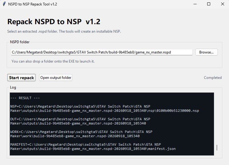 NSPD to NSP Repack Tool v1.2 showing a completed repack, with NSP, output, and manifest paths listed in the log.